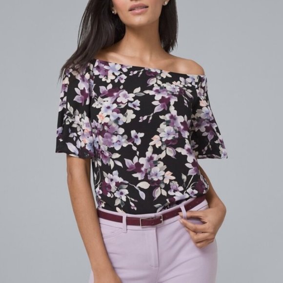 White House Black Market Tops - WHBM Floral Short Sleeved Black & Lavender Top X Small